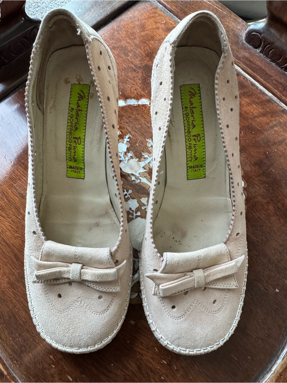 Italian Materia Prima light Pink Suede with Bow, low heeled.
